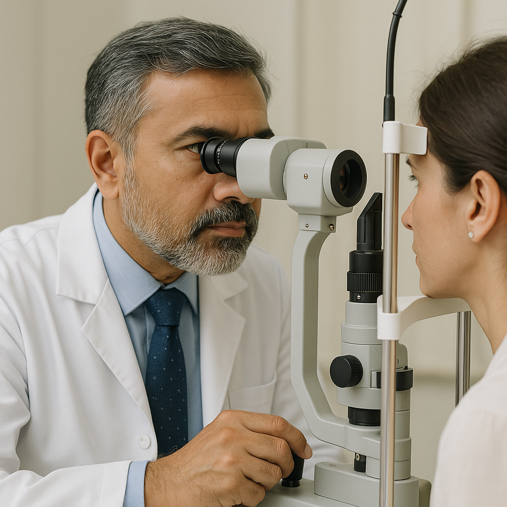 cataract specialist in Thrissur examining a patient’s eye with a slit lamp