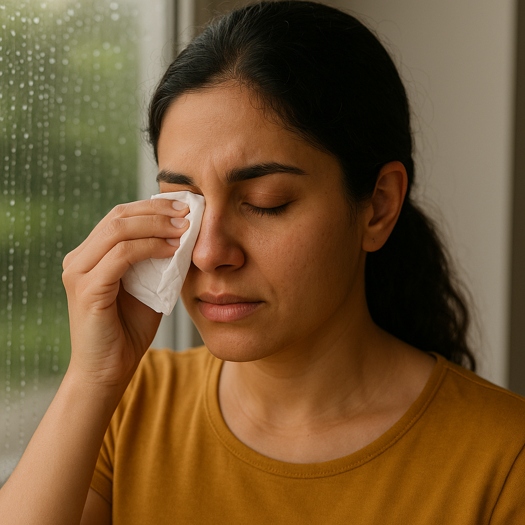 Woman experiencing eye discomfort during monsoon, highlighting need for eye specialist treatment in Thrissur
