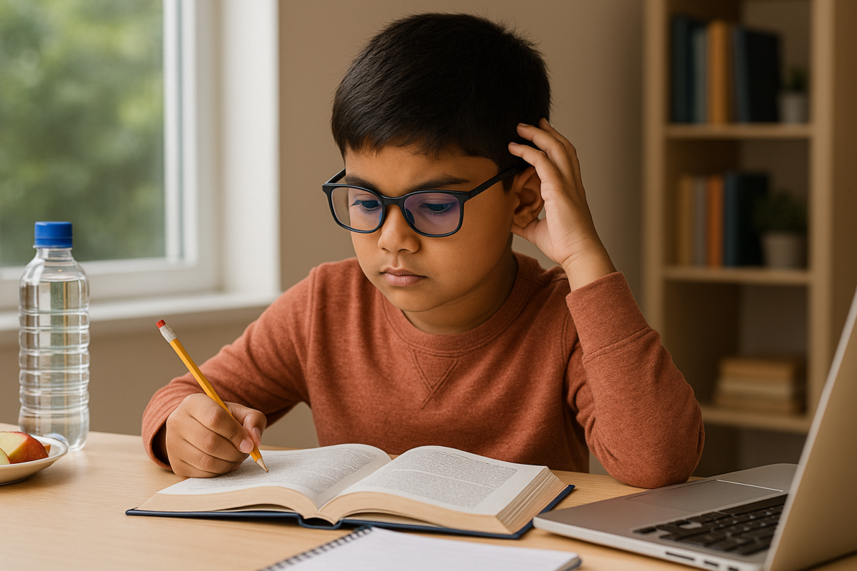 Young South Asian boy studying with glasses, representing early eye care and eye disease treatments in Kerala