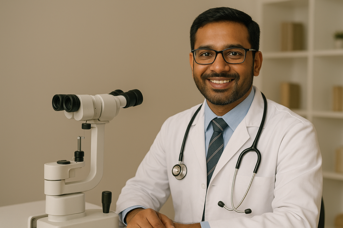 Professional South Asian best eye doctor in Kerala smiling beside a slit lamp microscope in a clinic.