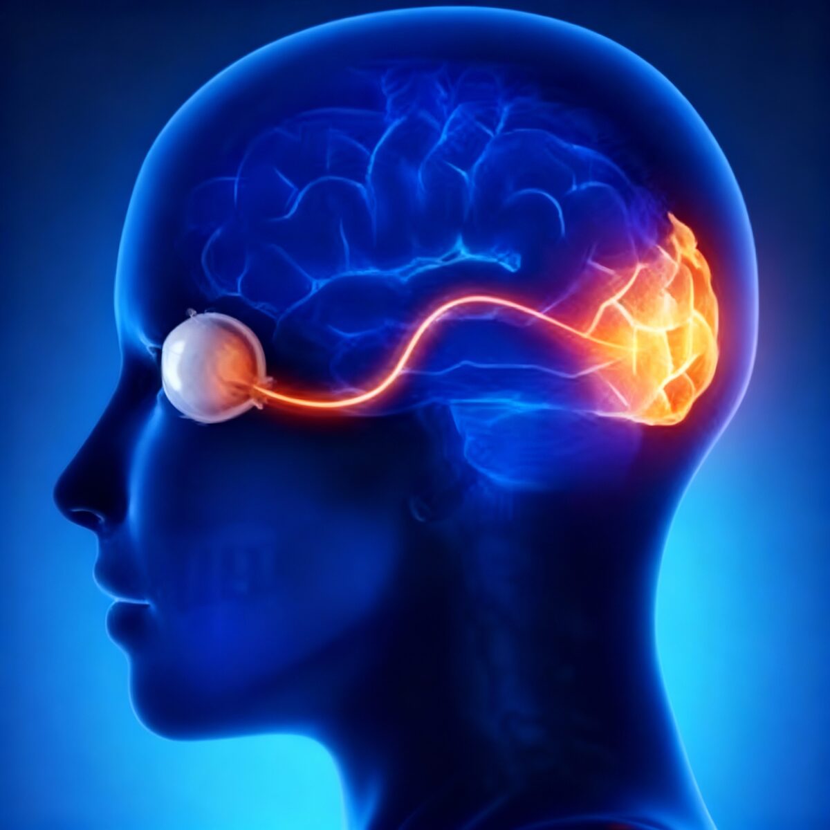 3D illustration of the human brain connected to the eye, symbolizing expert eye care by the best eye doctor in Kerala.